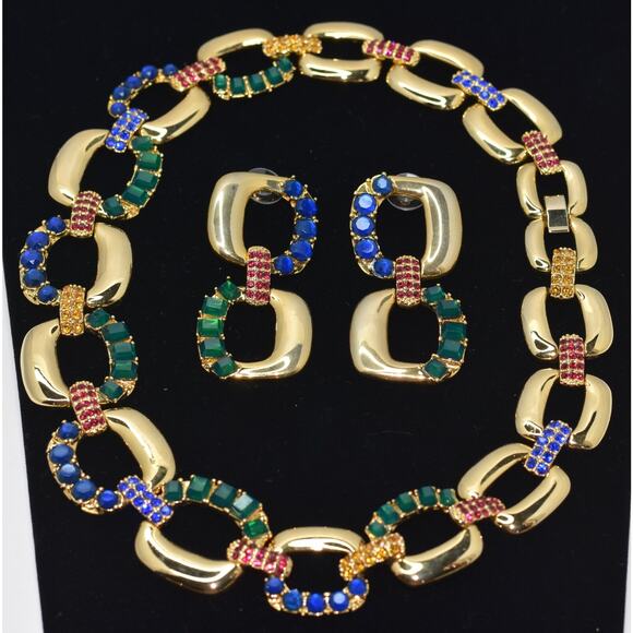 SCASSI Runway Haute Couture Rhinestone Gold Link Statement Necklace+Earring Set - Picture 1 of 7